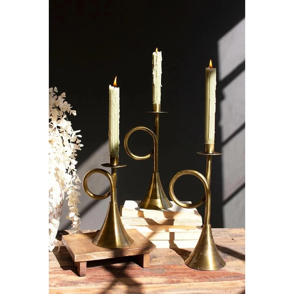 Antique Brass French Horn Taper Candle Holder Set 3 Vintage Style Candlesticks